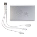 A silver power bank with multiple charging cables, featuring a logo on the front.