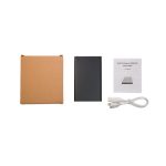 A black 4,000mAh power bank, a user manual, a charging cable, and a brown box are displayed together.