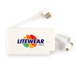 A 5,000mAh power bank featuring a white design with the "LITEWEAR Clothing" logo and integrated charging cables.
