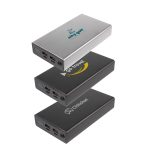 Three power banks stacked in a stack, featuring silver and black colors, each displaying a different logo.