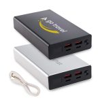 A black and silver power bank featuring two USB ports each, with a charging cable included.