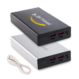 A black and silver power bank featuring two USB ports each, with a charging cable included.