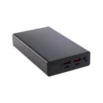 A black Ortega Power Bank featuring two USB ports and one USB-C port.