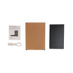 A black power bank with a cardboard box and white charging cable, accompanied by an instruction sheet.