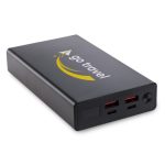 A power bank with a sleek black design featuring the text "go travel" and two USB ports for charging devices.