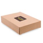 A kraft paper box with a logo on the top, featuring a simple rectangular design.
