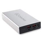 A silver power bank with two USB ports and a logo. The design is sleek and compact, ideal for technology use.