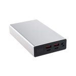 A silver power bank with multiple USB ports and a logo, designed for charging mobile devices.