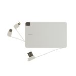 A white power bank with three attached charging cables for various devices. It has a minimalist design and a logo.