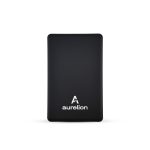 A black solid state power bank with a sleek design and a logo at the bottom.