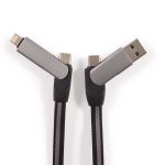 A charging cable featuring a grey design with angled connectors and a braided black exterior.