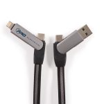 A charging cable with a braided design, featuring grey connectors and a branding logo.