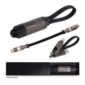 A multi-functional charging cable in grey and black, featuring a compact design with multiple connectors.