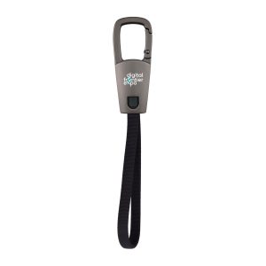 A grey carabiner cable with a black strap, featuring a logo on the front.