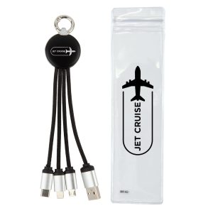 A charging cable set featuring multiple connectors in black and silver, packaged in a clear case.