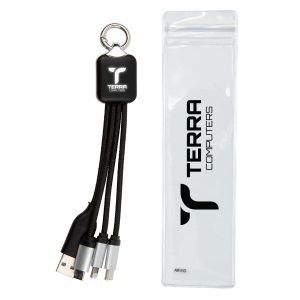 A charging cable set in black, featuring multiple connectors and a keyring, packaged in a transparent case.