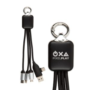 A black charging cable set with multiple connectors, featuring a keyring attachment and a logo.