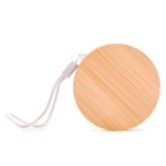 A circular charging cable set with a textured bamboo design and a convenient strap for easy portability.