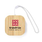 A square bamboo charging cable set with a logo and a grey strap for convenience.