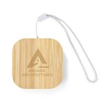 A square, bamboo charging cable set with a silver strap and a logo.