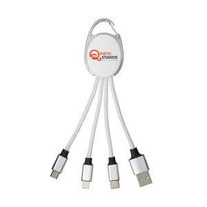 A multi-use charging cable in white and silver, featuring three different connectors and a branding logo.