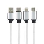 A charging cable featuring a braided white design with silver connectors for USB, USB-C, and Lightning devices.