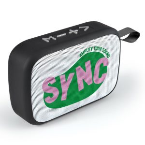 A black portable speaker with mesh design and a colourful logo, featuring a carrying strap.