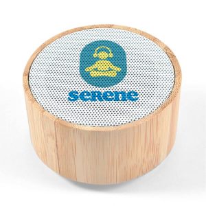 A bamboo Bluetooth speaker with a round shape and a mesh top featuring a logo.