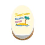 A wireless speaker and charger featuring a beach-themed design with a palm tree and island motif. The base is made of bamboo.