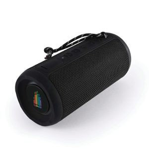A black and textured cylindrical Bluetooth speaker with a carry strap and a logo on the front.