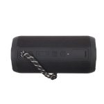 A black Bluetooth speaker with a textured surface and buttons, featuring a looped strap for easy carrying.