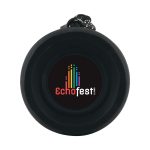 A Neon Bluetooth Speaker featuring a circular design with a black exterior and a colorful logo for "EchoFest."