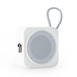 A white compact Bluetooth speaker with a circular mesh grille and a looped cord, featuring a logo.