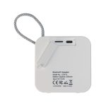 A white Bluetooth speaker featuring a looped strap, USB-C port, and branding on the back.