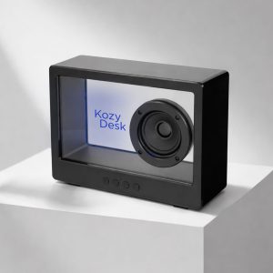 A black speaker with a transparent front, featuring a visible speaker cone and a logo inside.