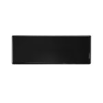 A sleek black speaker with a glossy finish, featuring a logo on the front.