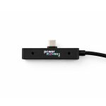 A black charging cable with a USB-C connector, featuring a logo and a textured design.