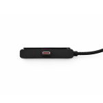 A power cable in black with a textured finish and a red accent, featuring a woven cord. It has a logo on one side.