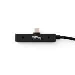 A black charging cable with a textured finish, featuring a logo and a USB-C connector.