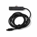 A black charging cable with a braided design and a USB-C connector. It features a branding logo on the connector.