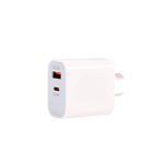 A white wall charger with a USB-C port and a plug for electrical outlets, featuring a small logo.