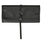 A dark green toiletry bag organizer features a roll-up design with two circular fasteners and a secure strap closure.