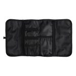 A black toiletry bag organizer with multiple compartments and mesh pockets for storage. It has a zippered closure.