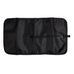 A black toiletry bag organizer with an open design, featuring various compartments and a closure mechanism.