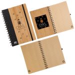 A spiral-bound A5 notebook with a bamboo cover, featuring lined pages and a logo. Color theme is natural and earthy.