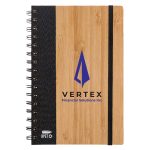 A bamboo and fabric-covered A5 notebook featuring a spiral binding and a logo for Vertex Financial Solutions Inc.