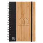 A spiral-bound A5 notebook with a bamboo cover, black fabric side, and an elastic band. It features a logo on the front.