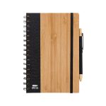 A bamboo and black spiral notebook with an elastic band and pen attached. It features a logo on the front cover.