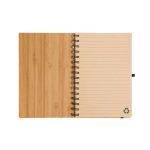 An A5 spiral notebook with a bamboo cover and lined pages, featuring a recycling logo at the bottom.