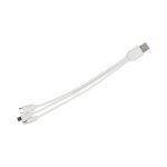 A white multi charge cable with a USB connector and three compatible charging ends. It has a branding logo.